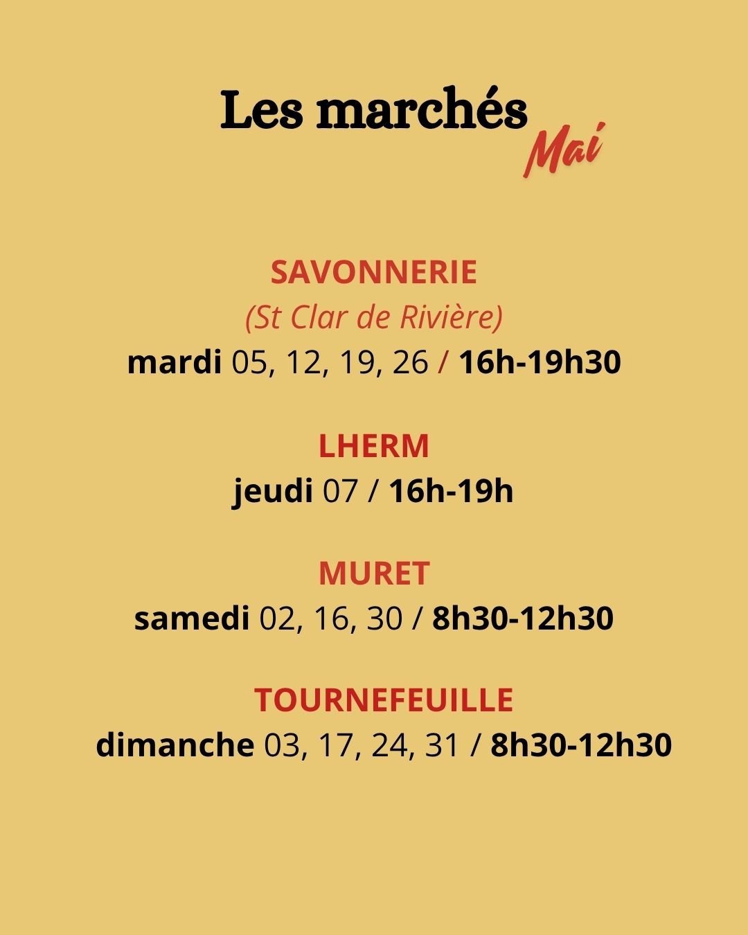 Planning des marchés du mois de mai 2026
