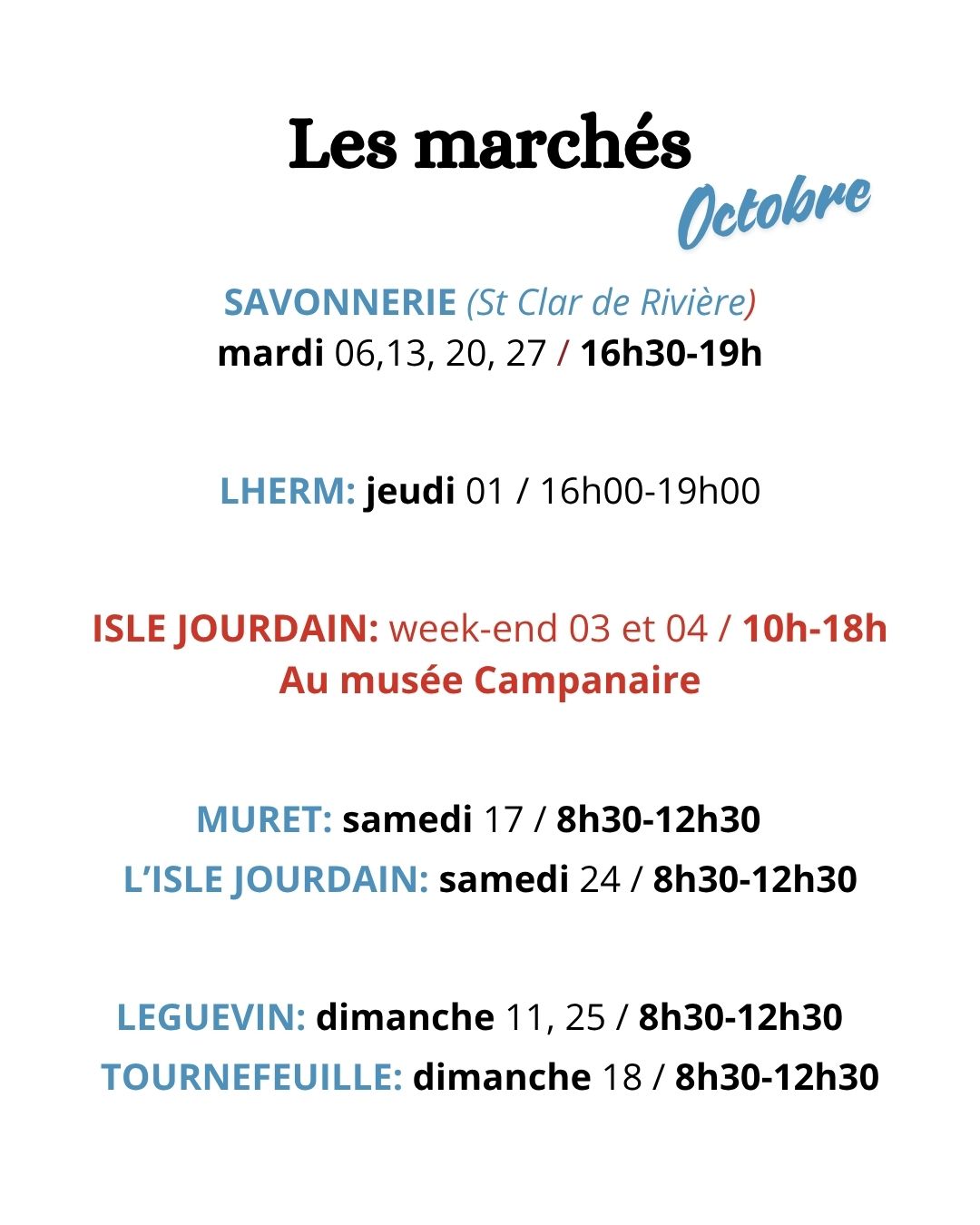 Calendrier des marchés d'octobre 2026 des Savons de Solène : savonnerie de Saint-Clar-de-Rivière, Lherm, L'Isle-Jourdain, Muret, Léguevin et Tournefeuille
